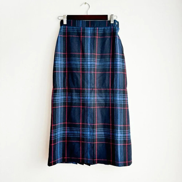 Vintage Wool Blend Plaid Pencil Midi Skirt With Pleated Detail S - Picture 4 of 5